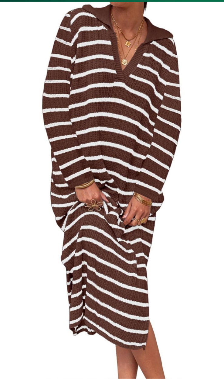 Saodimallsu Womens Striped Sweater Dress V Neck Collared