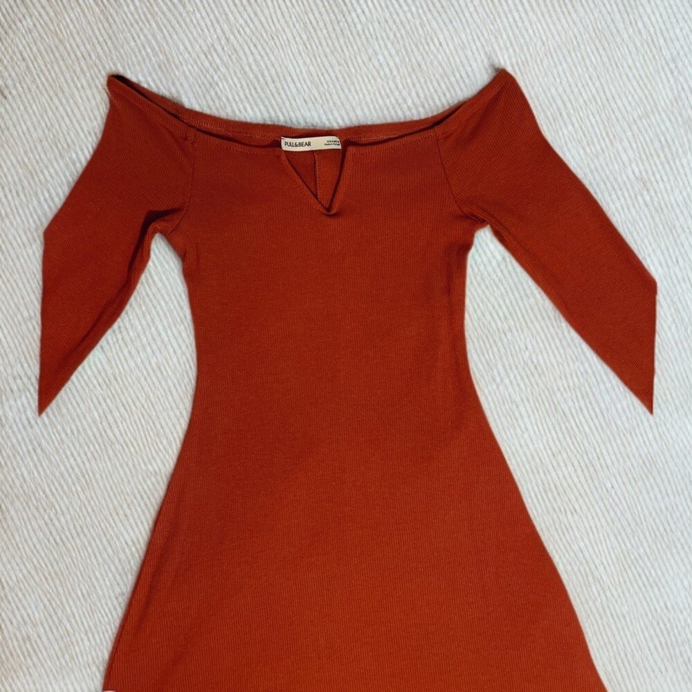 NWOT Pull & Bear 3/4 Sleeve Ribbed Knit Bodycon Mini Dress – Rust Orange, Size S