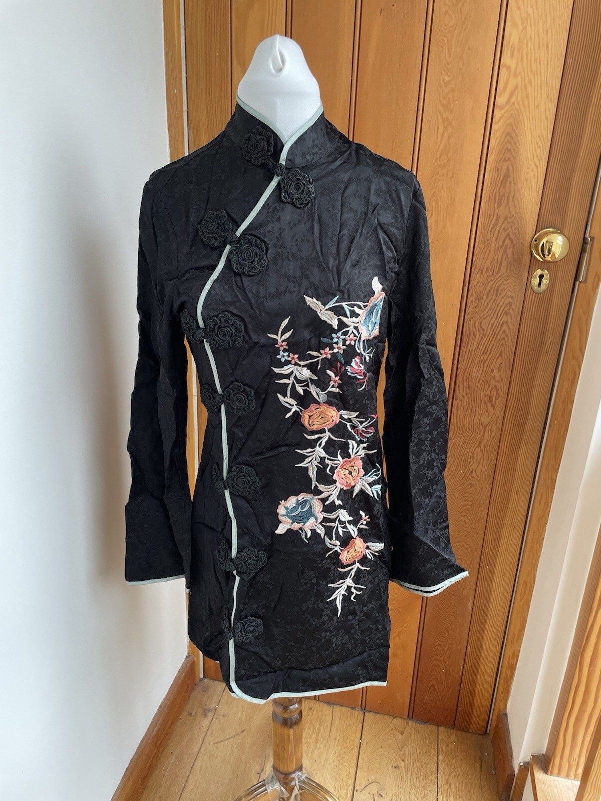 Zara Embroidered Oriental Dress Jacquard Black xs s m l xxl cocktail party silky