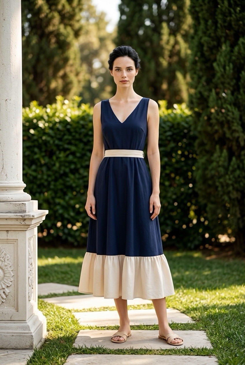 Navy/Cream Sleeveless Midi Fit & Flare Dress V-Neck Colorblock Belted