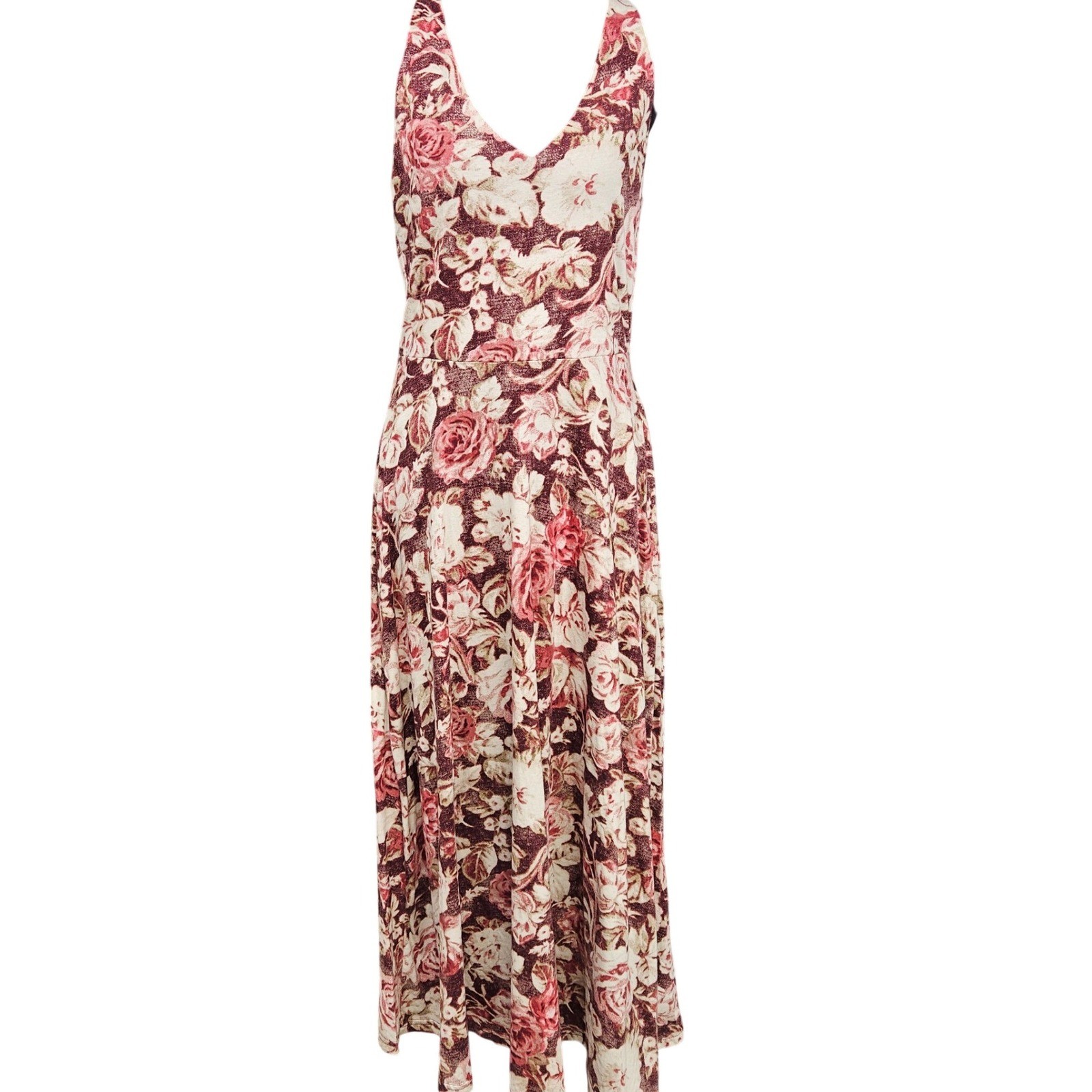 Chaps Womens Burgundy Floral Rose Print Cotton Jersey Maxi Dress Size M