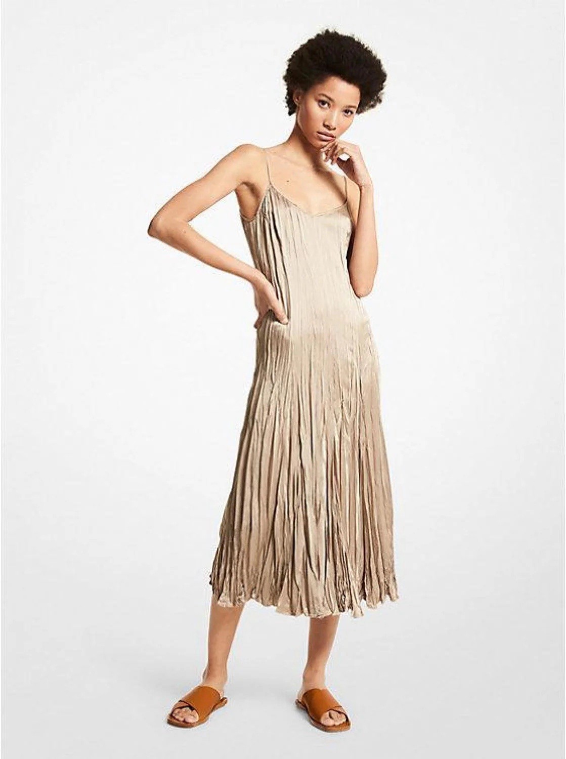 MICHAEL KORS COLLECTION Womens Size 4 Crushed Satin Charmeuse Slip Dress in Sand