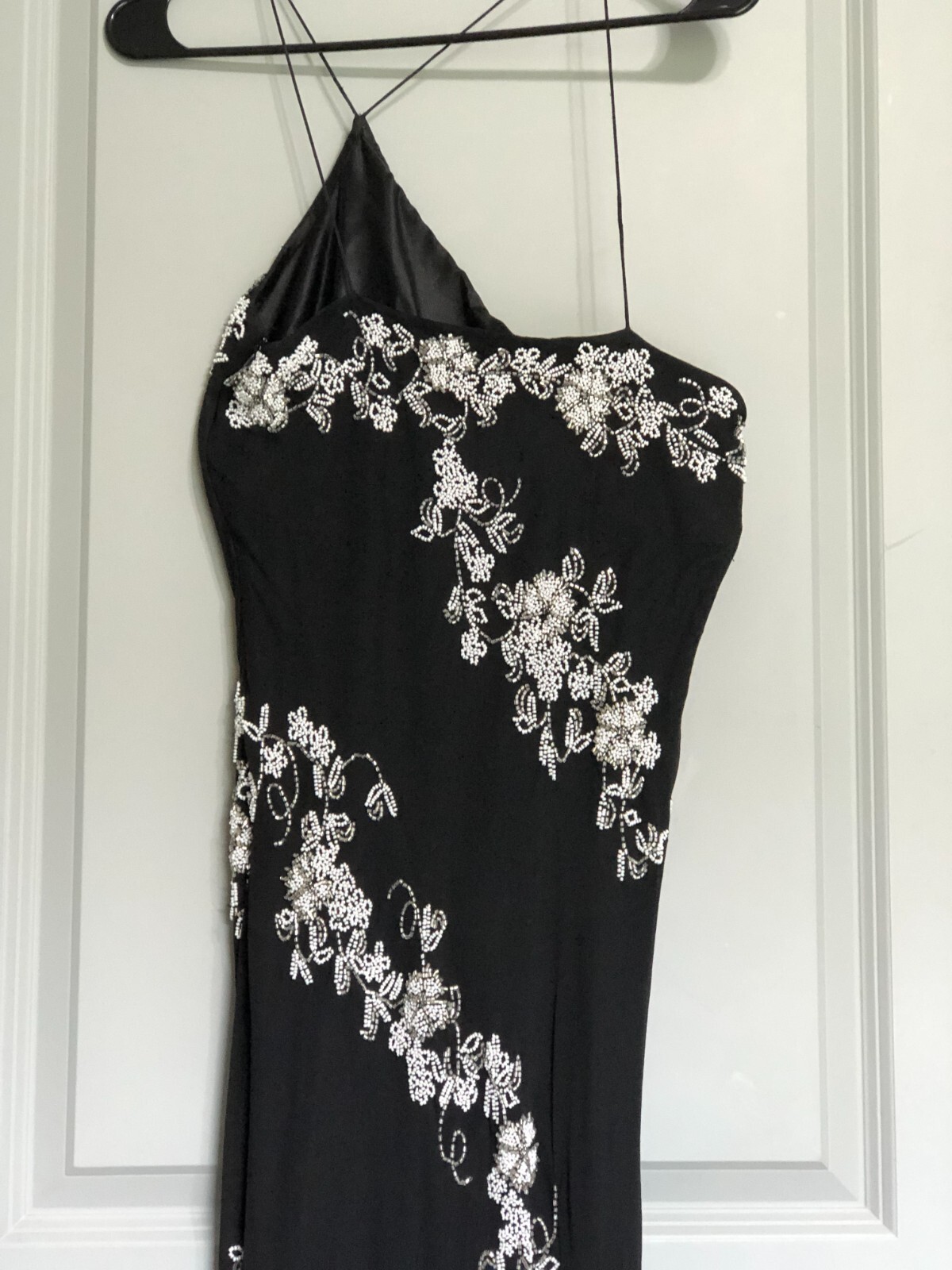 Vintage SCALA 100% Silk Beaded Dress Black Floral Asymmetric Hem Prom Formal L.