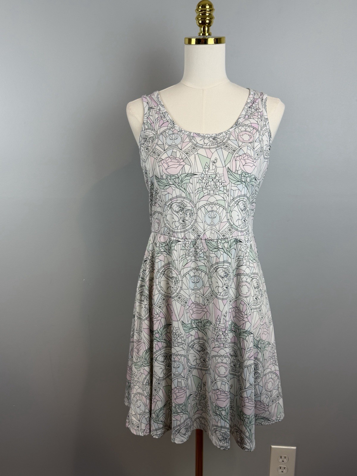 Beauty and the Beast Skater Dress Sz Medium Stained Glass Belle Fit Flare Disney