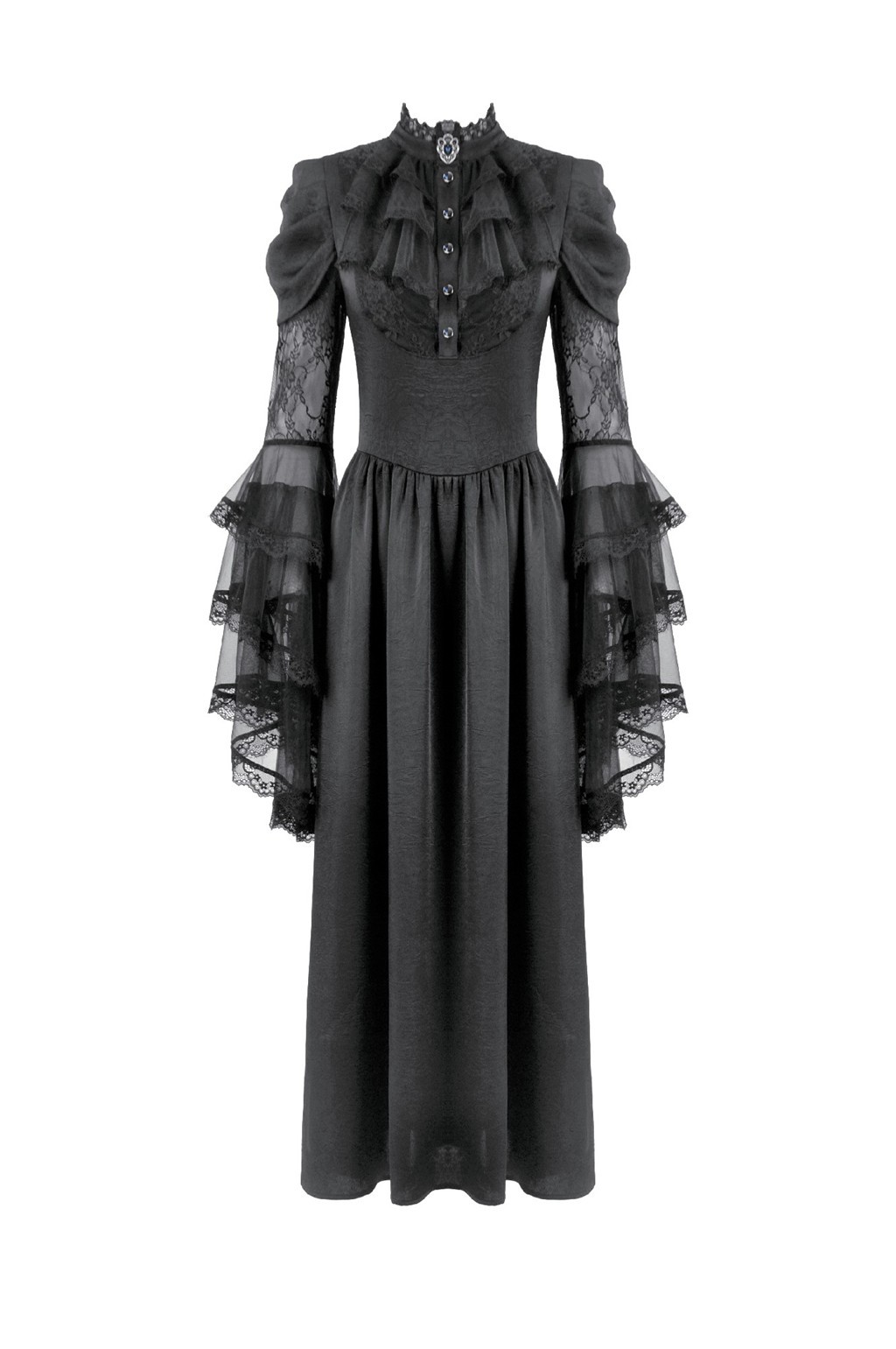 Dark In Love Women Black Gothic Victorian Ruffled Mesh Flared Sleeve Long Dress