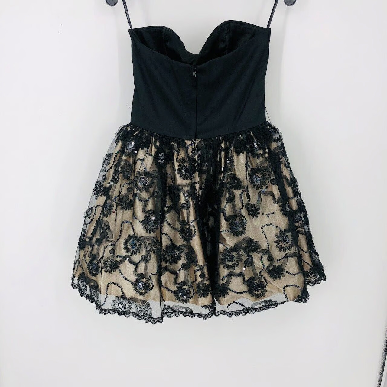 Vintage 80s Jessica McClintock Cocktail Dress Junior 7 Black/Tan Sweetheart Neck