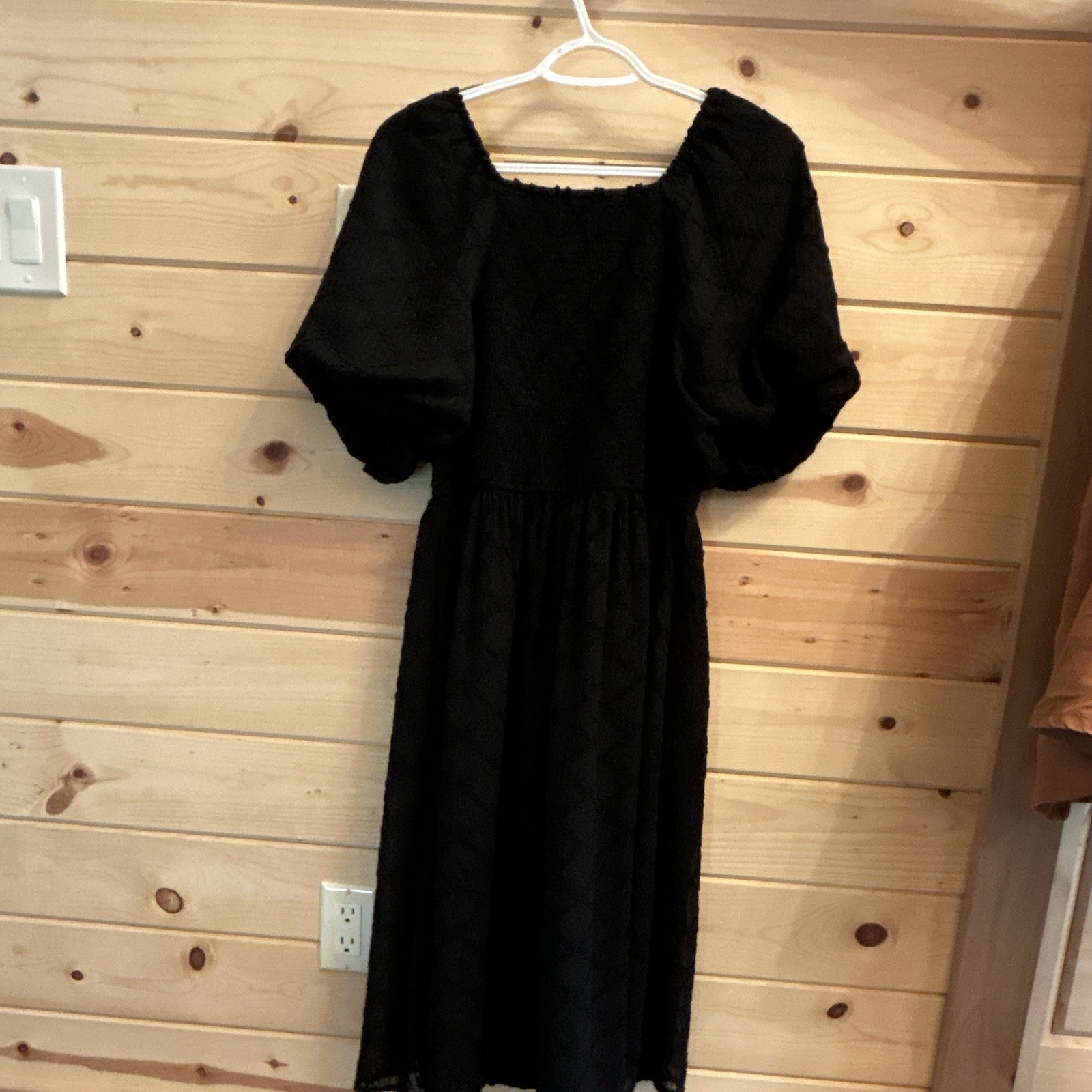 Black Smocked Square Neck Puff Sleeve A-Line Midi Dress