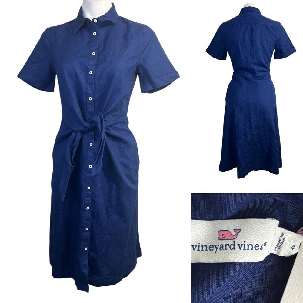 Vineyard Vines dress size 4 deep bay blue linen cotton blend short sleeve midi