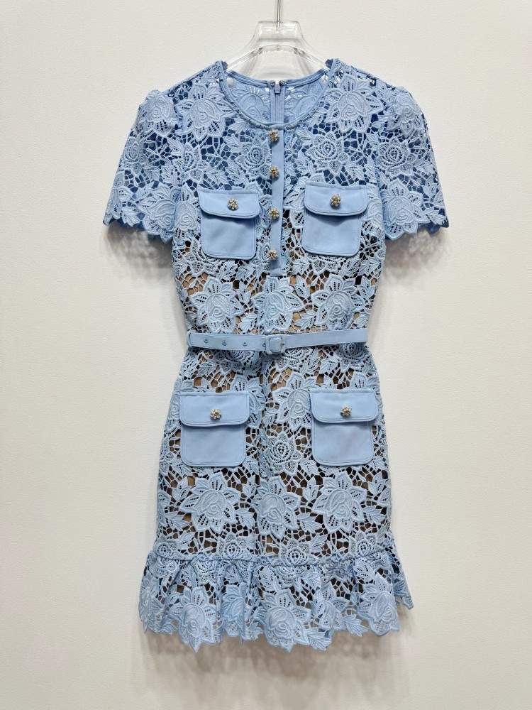Self-Portrait Ladies Blue Lace Peplum Mini Short Sleeve Dress