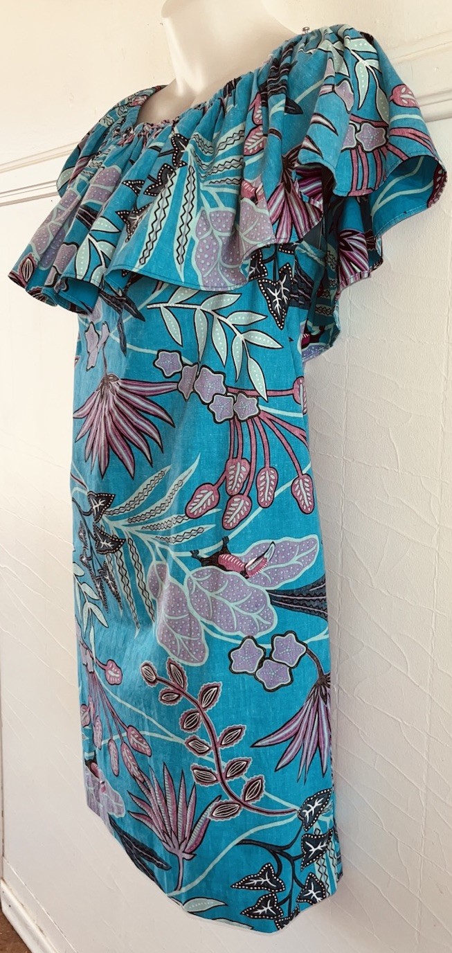 Vtg REYN SPOONER Ruffle Top Reverse Cloth Hawaiian 🌺 Dress Turquoise-Sz Medium