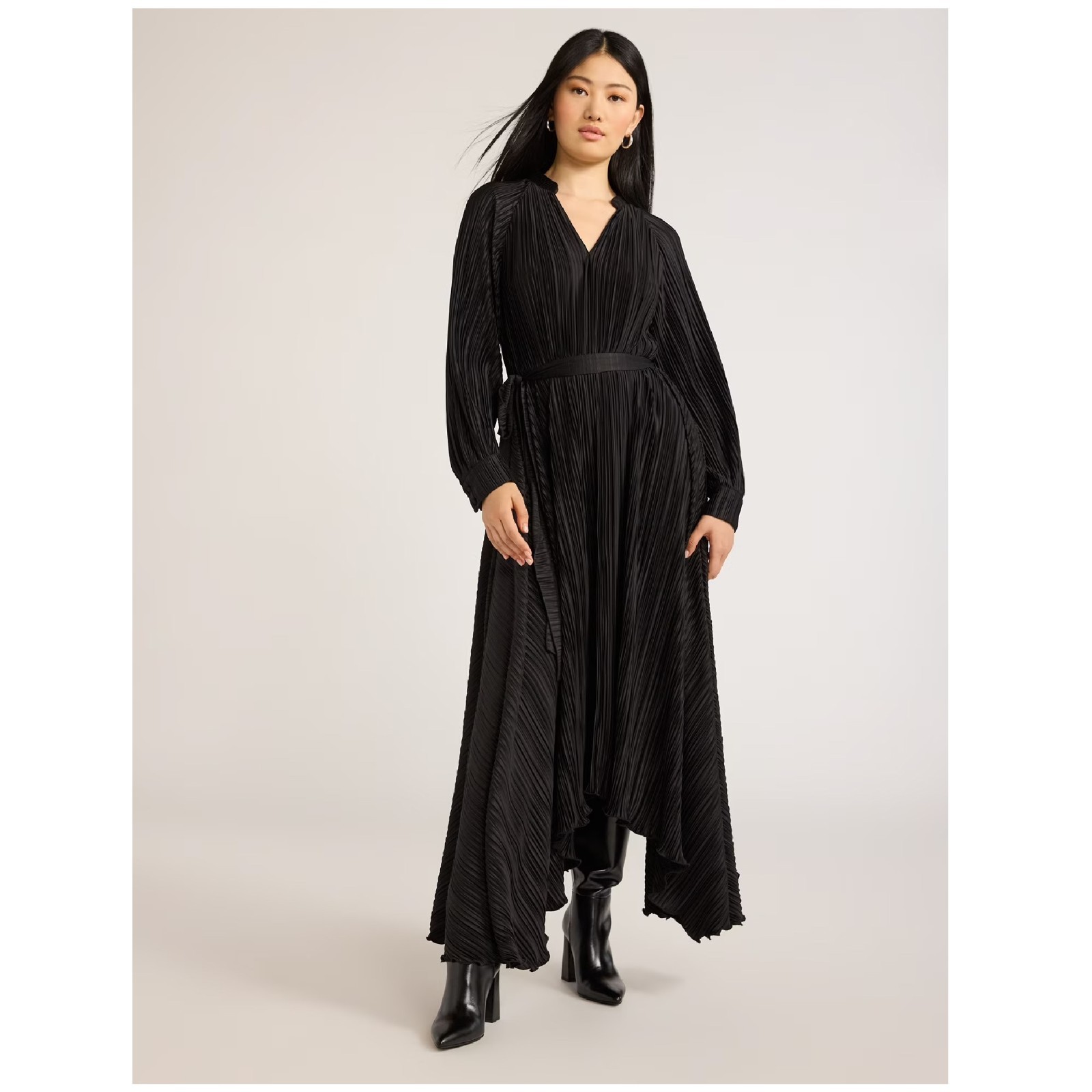 Scoop Women Pleated Handkerchief Hem Dress Long Sleeve Black Soot Size S