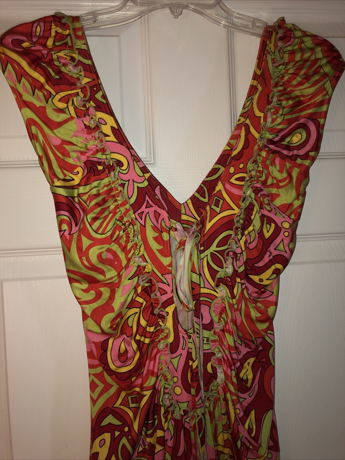 NWOT Moda International Psychedelic Multicolor Silky Jersey Lace Up Dress Sz XS