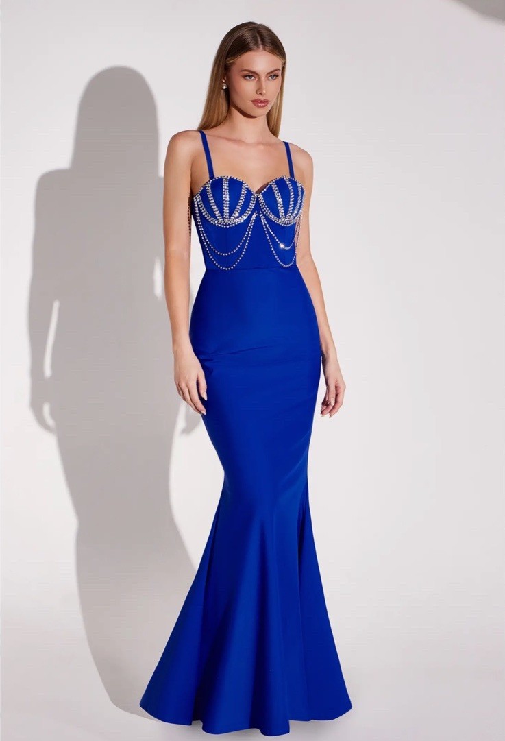 Cinderella Blue Beaded Bustier Mermaid Stretch Compression Evening Sexy Dress L