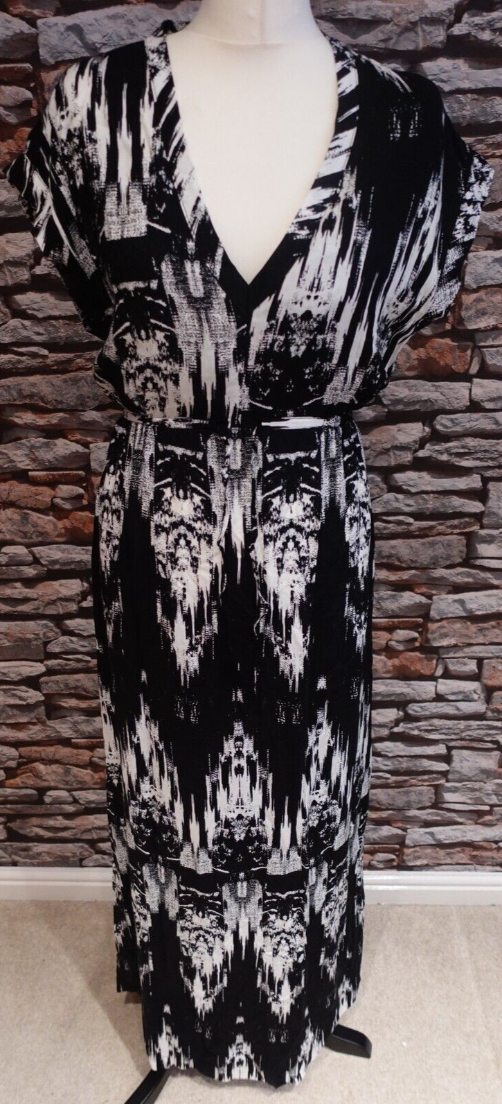 H&M Elegant Ladies Maxi Dress Black & White Elasticated Tie Waist EUR 38 UK 10