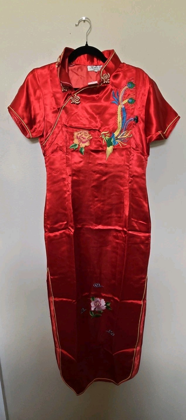 VINTAGE MYAMAN RED LONG ORIENTAL FLORAL DRESS WOMENS Sz LARGE Cheongsam Dragon