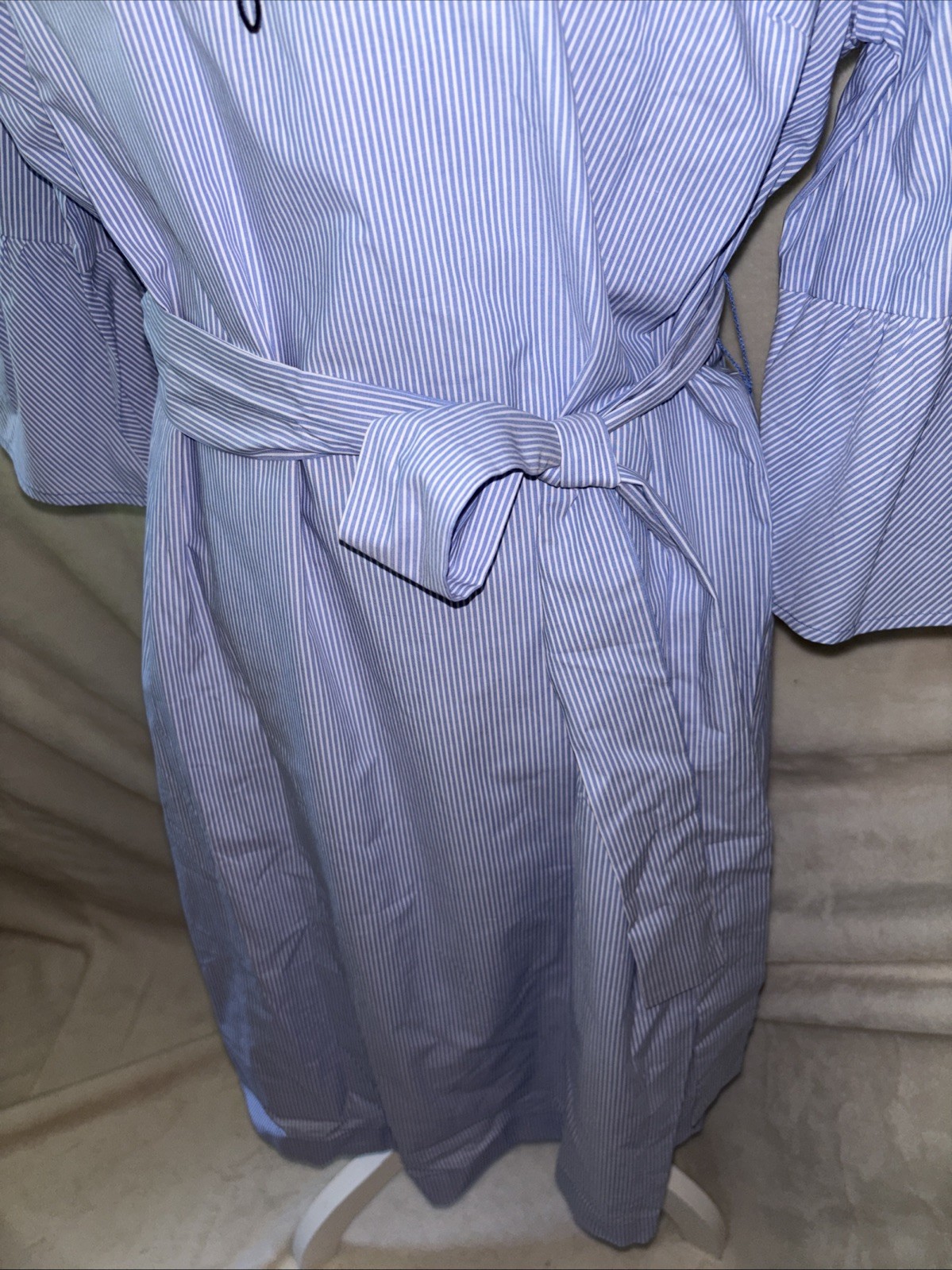 NWT Talbots Size 16WP Blue White Embroidered 3/4 Flounce Sleeve Tie-Belt Dress