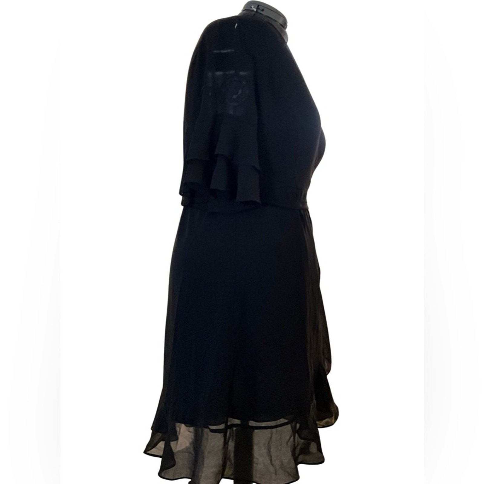 City Chic Wrap LBD Flutter Frill Chiffon Black Dress NWT M 18W Cocktail