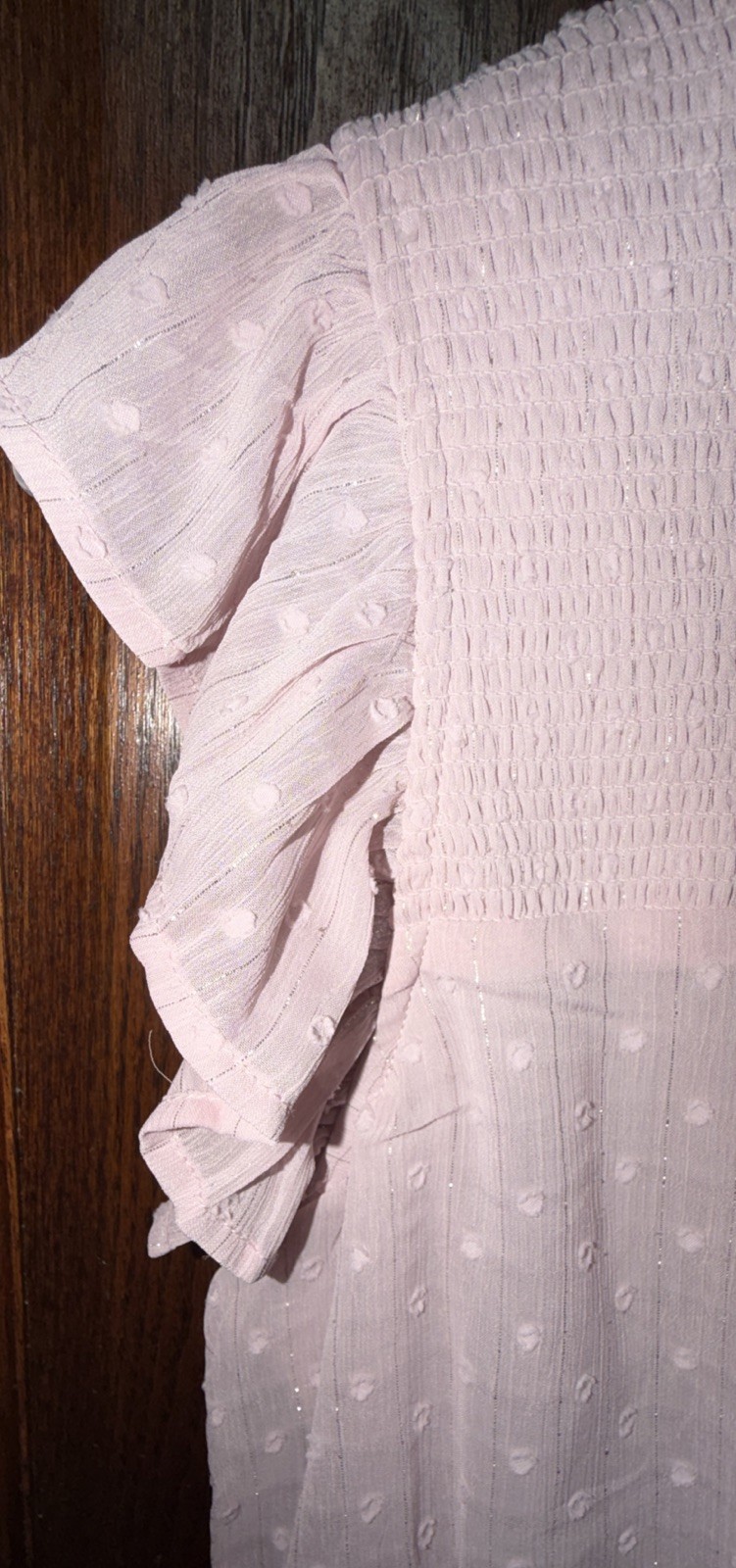 AQUA Swiss Dot Smocked Ruffle Mini Dress Shimmer Pink Size S Bloomingdales EUC