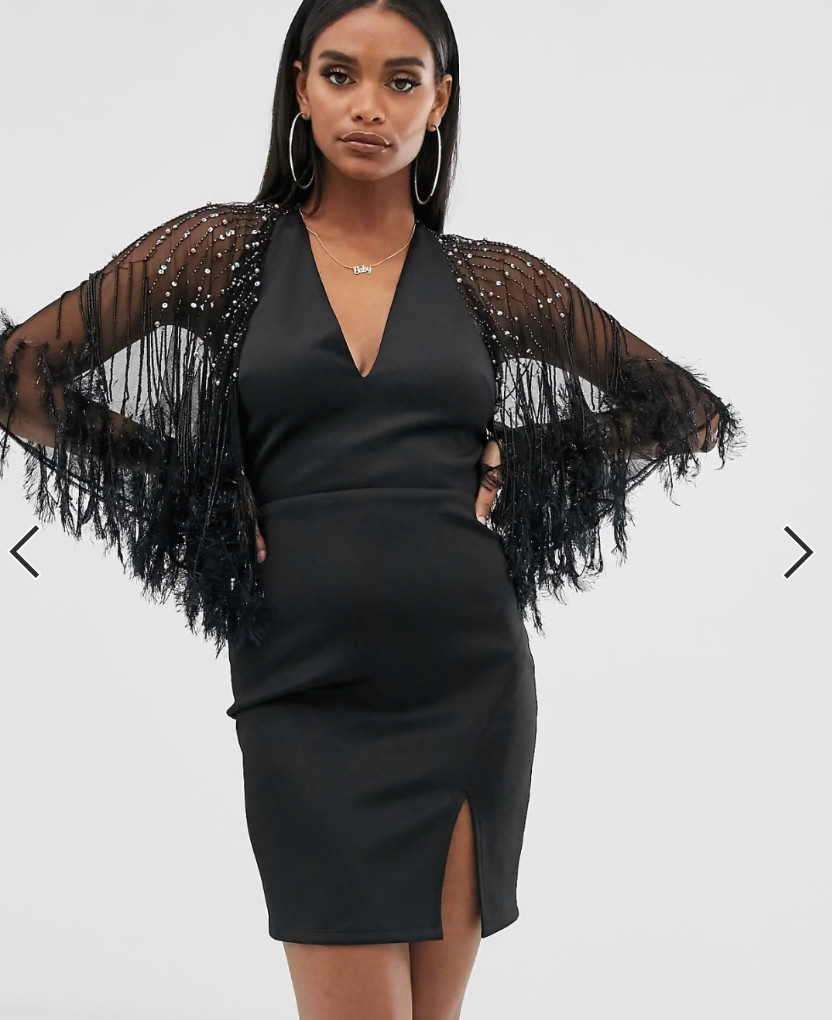 NWT ASOS DESIGN Black Faux Feather Beaded Cape Mini Halter Dress Sz 6