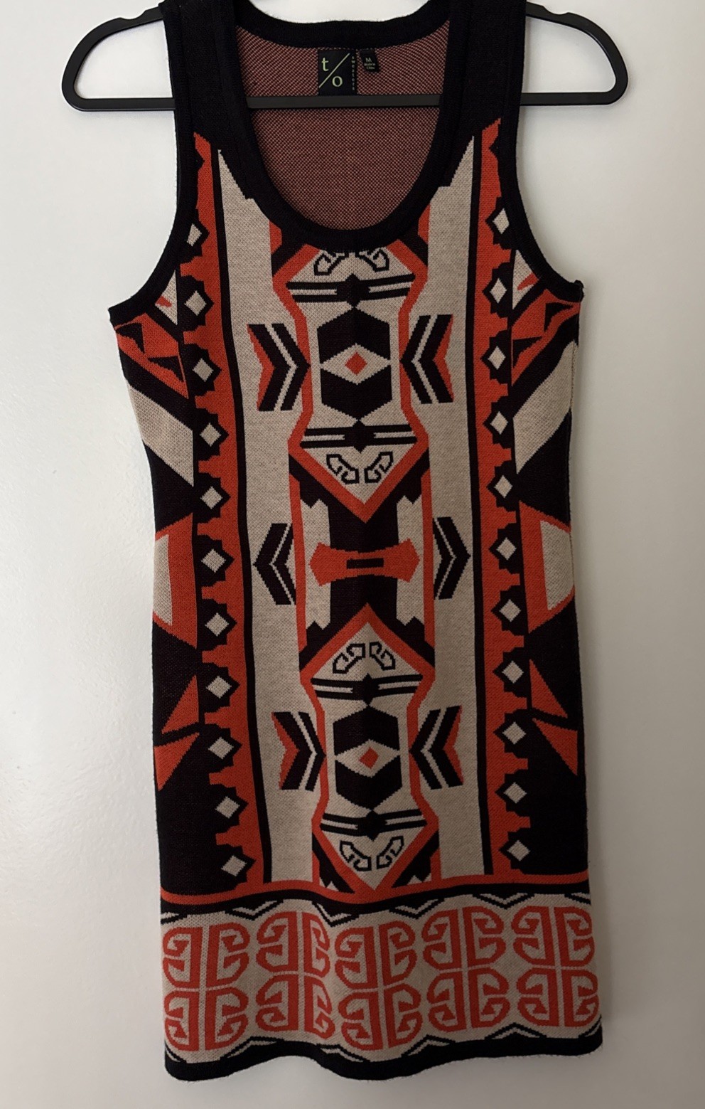 T/O Sweaters Mini Dress Size M Geometric Aztec Designs Black Red Brown