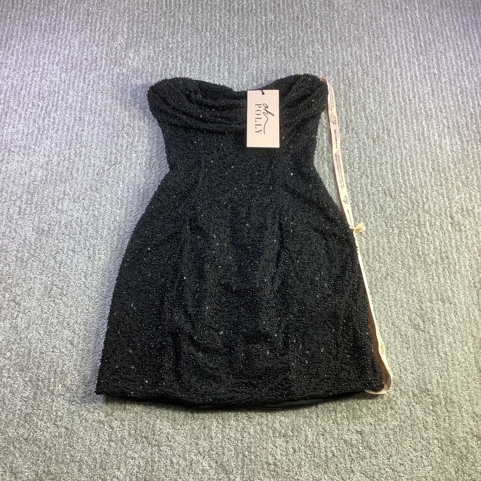 Oh Polly Black Beaded Strapless Mini Dress Sweetheart Cowl Neck US Size 6 NWT