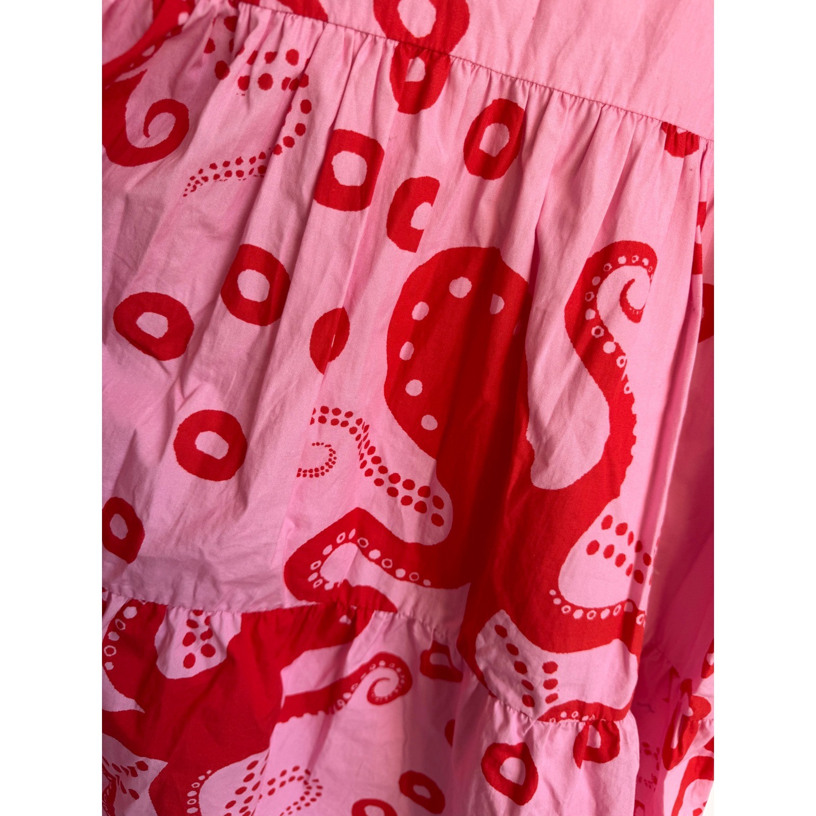 Maude Vivante Pink Red Octopus Molly Cotton Tiered Mini Dress XL Fit Flare Puff