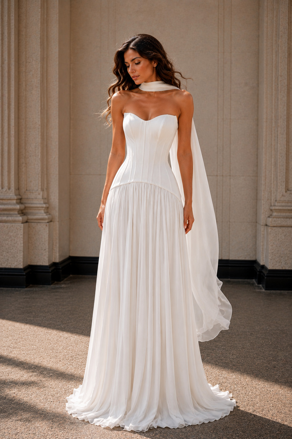 Women’s White Strapless Corset Chiffon Wedding Dress Bridal Maxi Gown