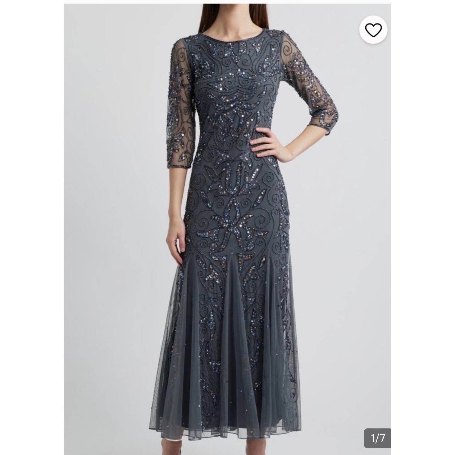 Pisarro Nights Gray Beaded Sequin Gown 3/4 Sleeve Formal Maxi Dress