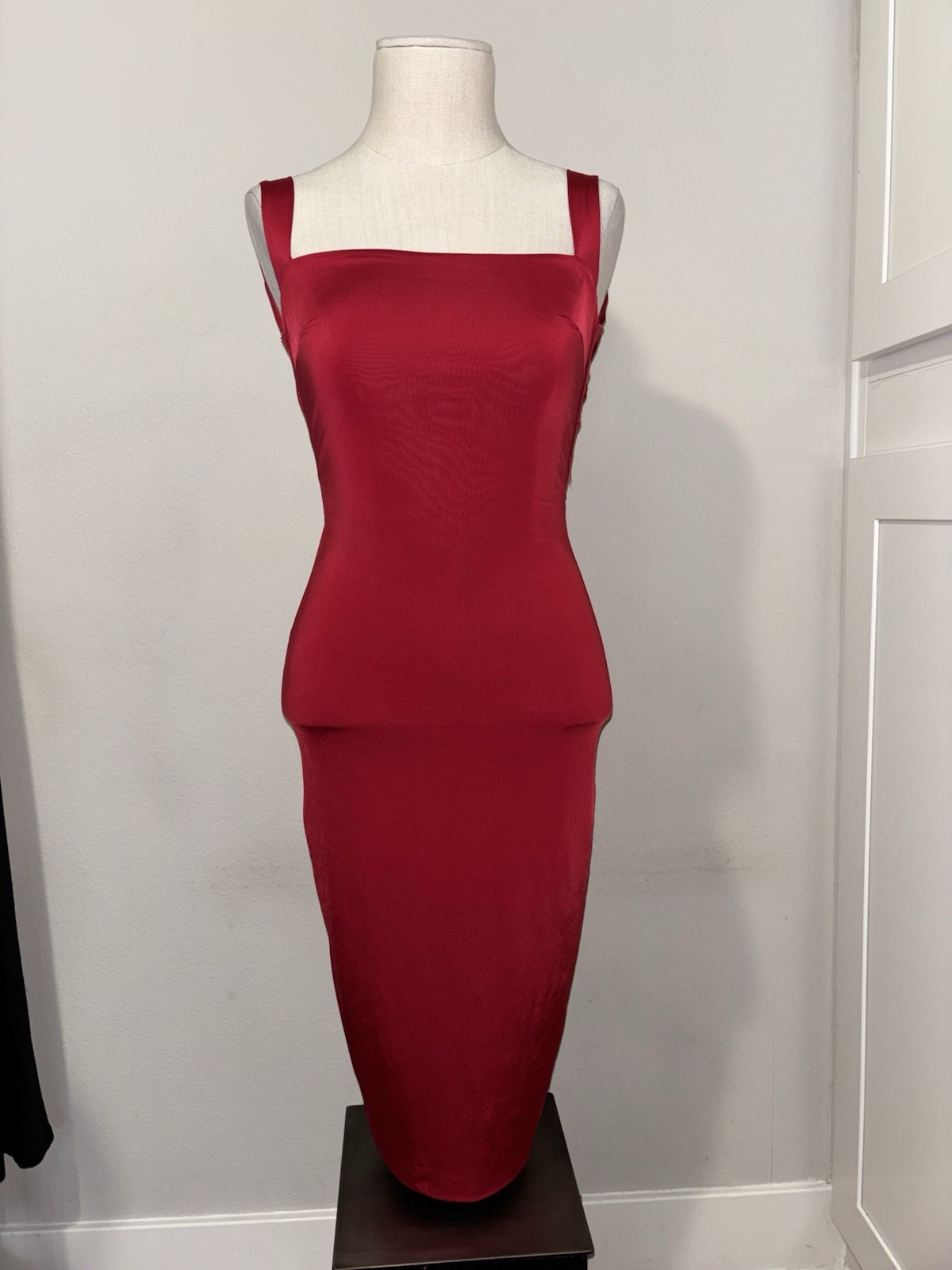 Fashion Nova red midi dress with cutout back and tie detail