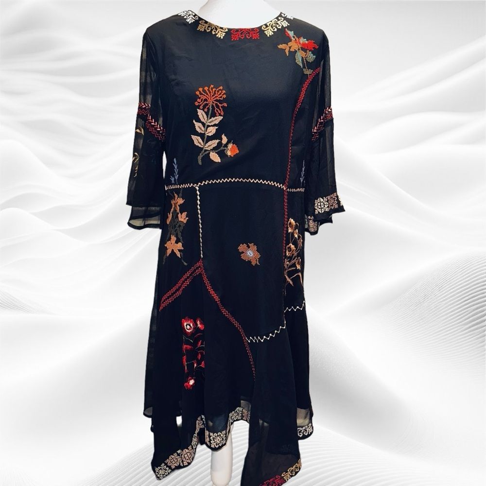 Desigual Boho Lemark Asymmetrical Cross-stitch Dress Size EU 42=8 Black Floral