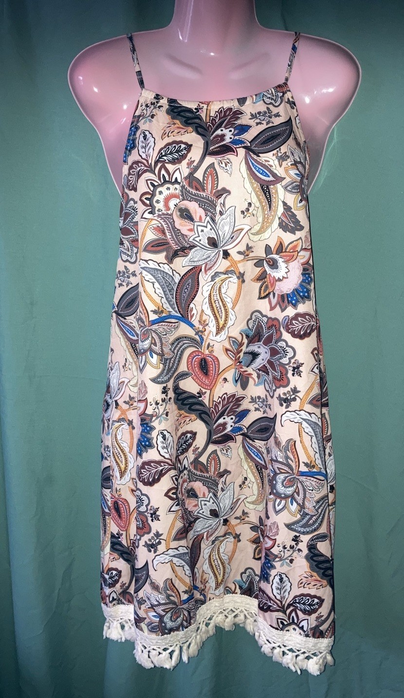 Ladies Multi & Cream Mix Floral Print Summer Dress Tassel Hem Size S 10-12 BNIB