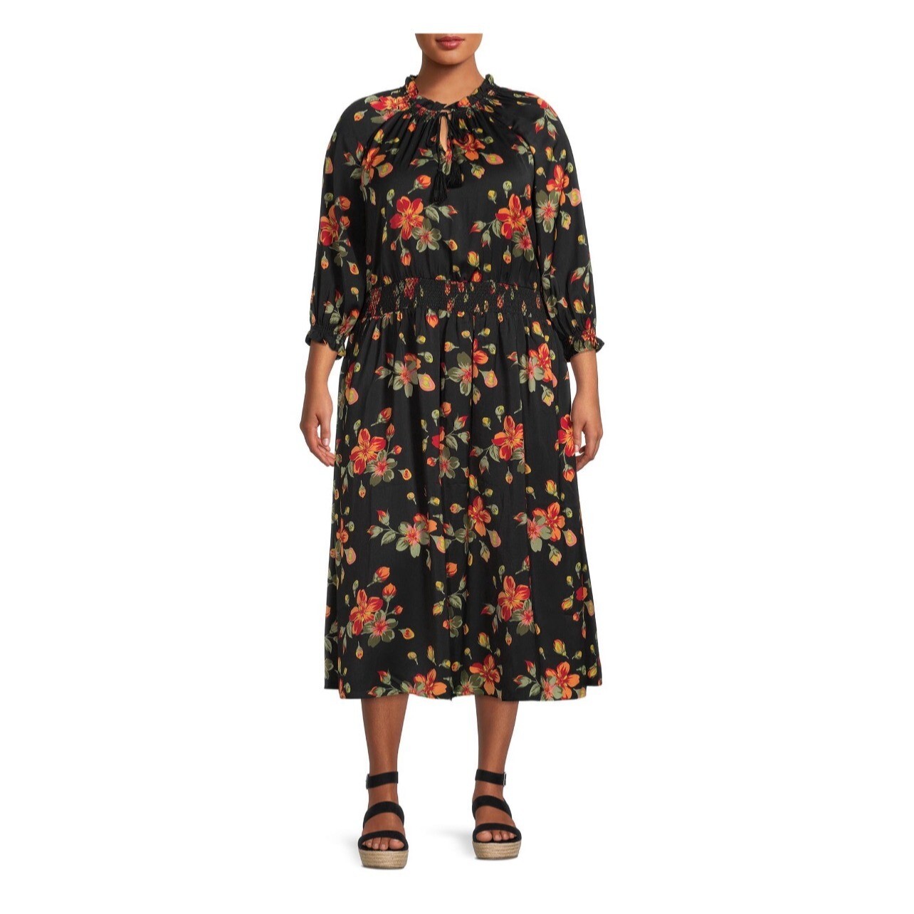 Size 1X (16W-18W) Floral Print Peasant Midi Dress W/Pockets All-Season Plus Size