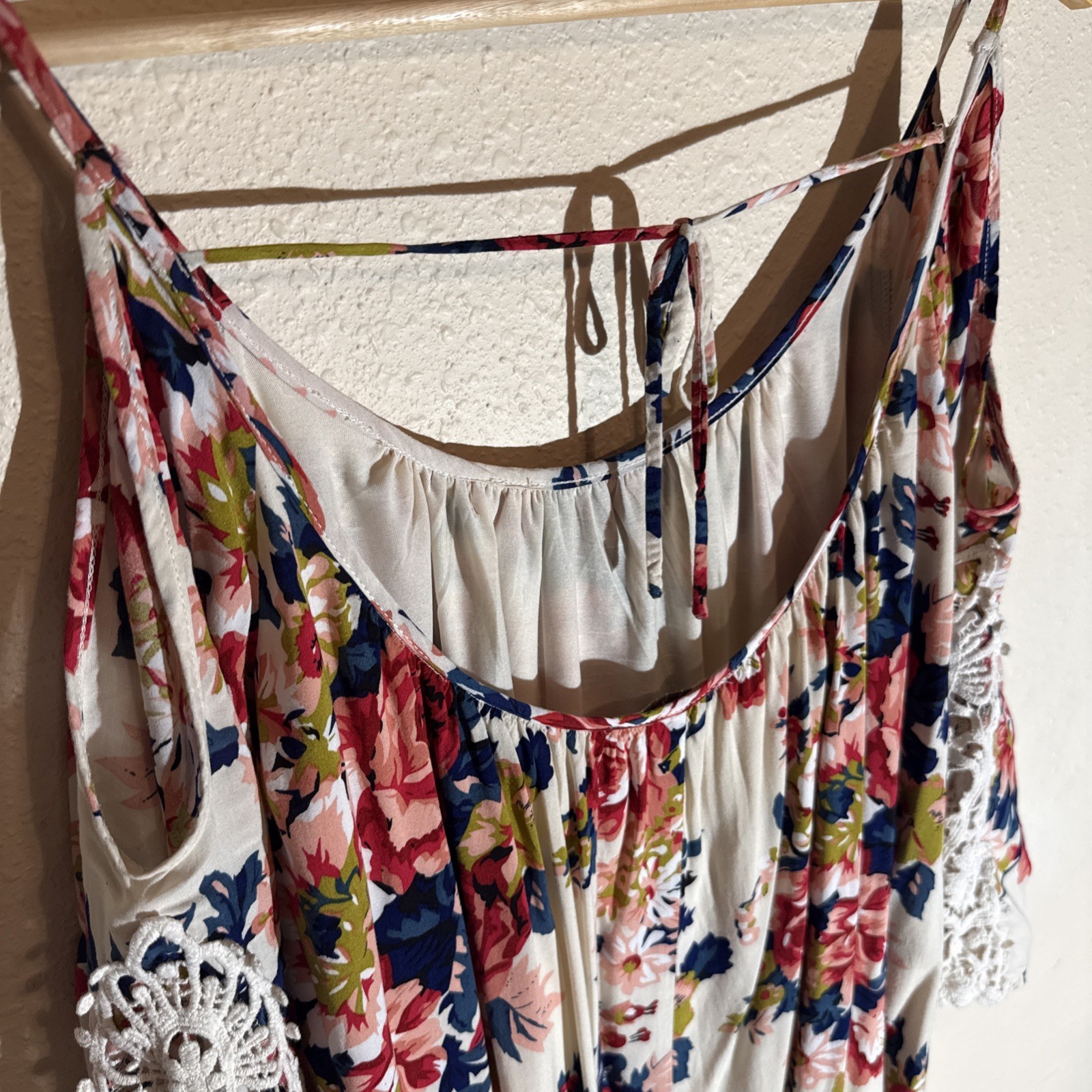 Umgee Med. Floral Boho Off Shoulder Mini Dress Crocheted Detailing Cotton Blend