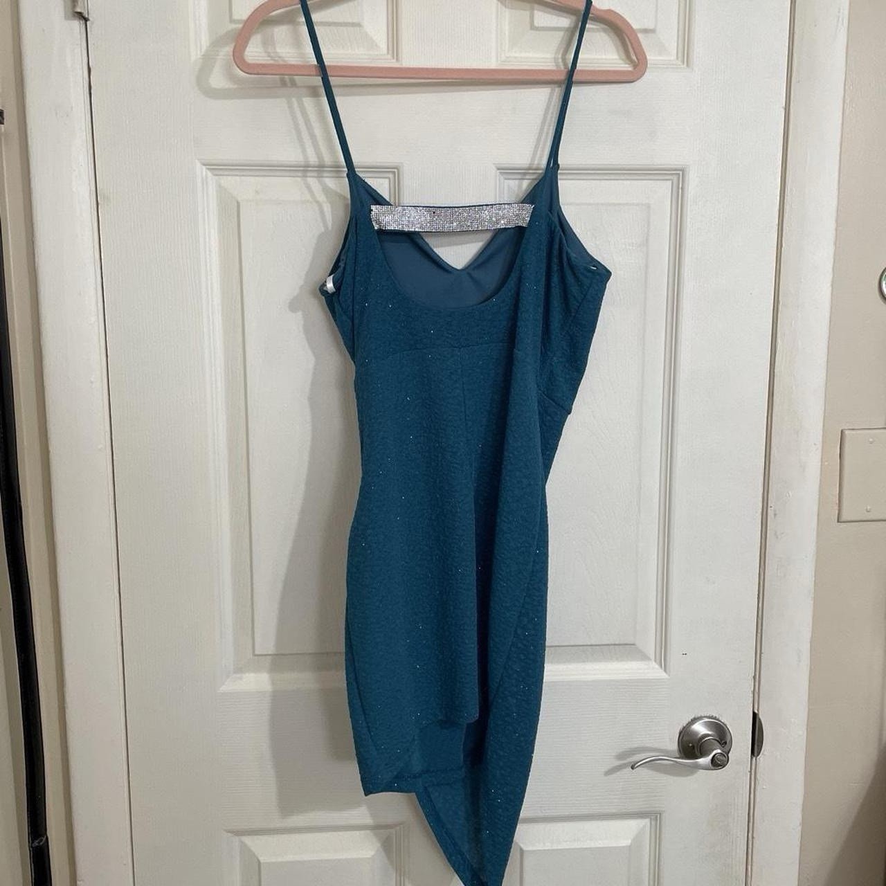 Windsor Teal Glitter Strappy V-Neck Asymmetric Bodycon Midi Dress L
