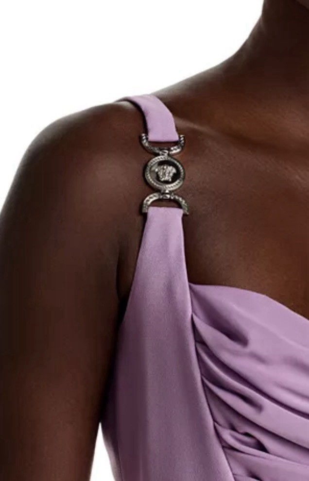 Versace ‘95 Medusa Hardware Draped Silk Slit Gown Lilac Dusty Lavender Sz 40