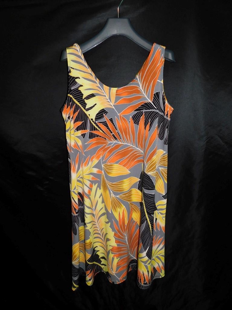 Vintage NaPua Hawaii L Gray Orange Hawaiian Sun Dress Stretch Knit Knee Aloha Lg