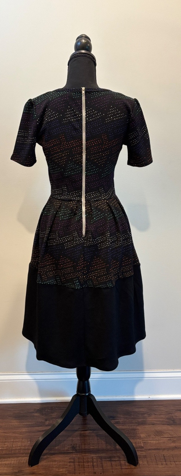 LuLaRoe Amelia Dress Small S Black Rainbow Dash Pleated Pockets Zip Polyester