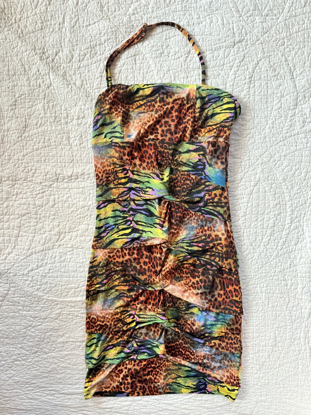 Forever 21 Y2K Rave Neon Ruched Animal Print Halter Bodycon Mini Dress Size S/P