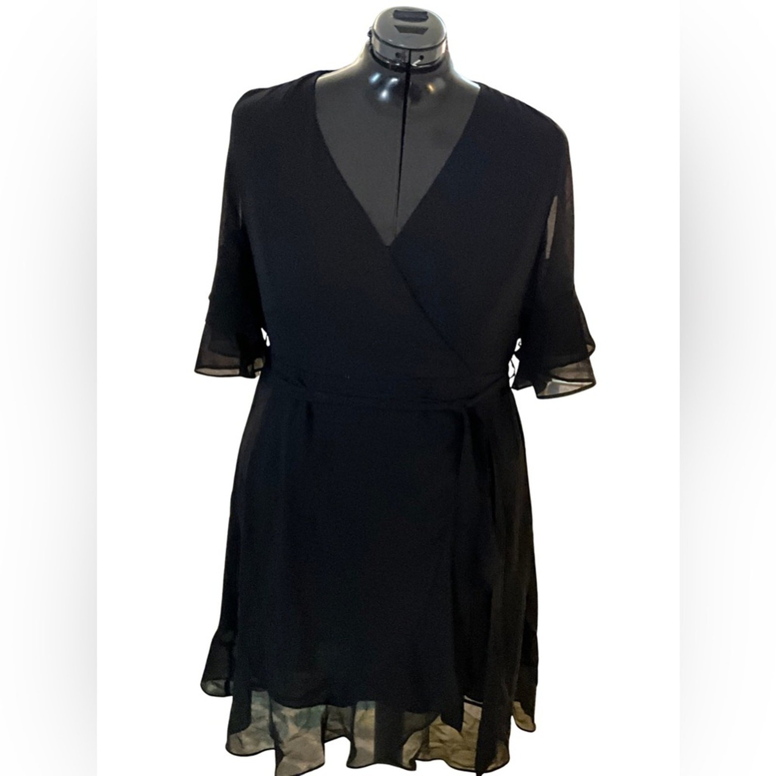 City Chic Wrap LBD Flutter Frill Chiffon Black Dress NWT M 18W Cocktail
