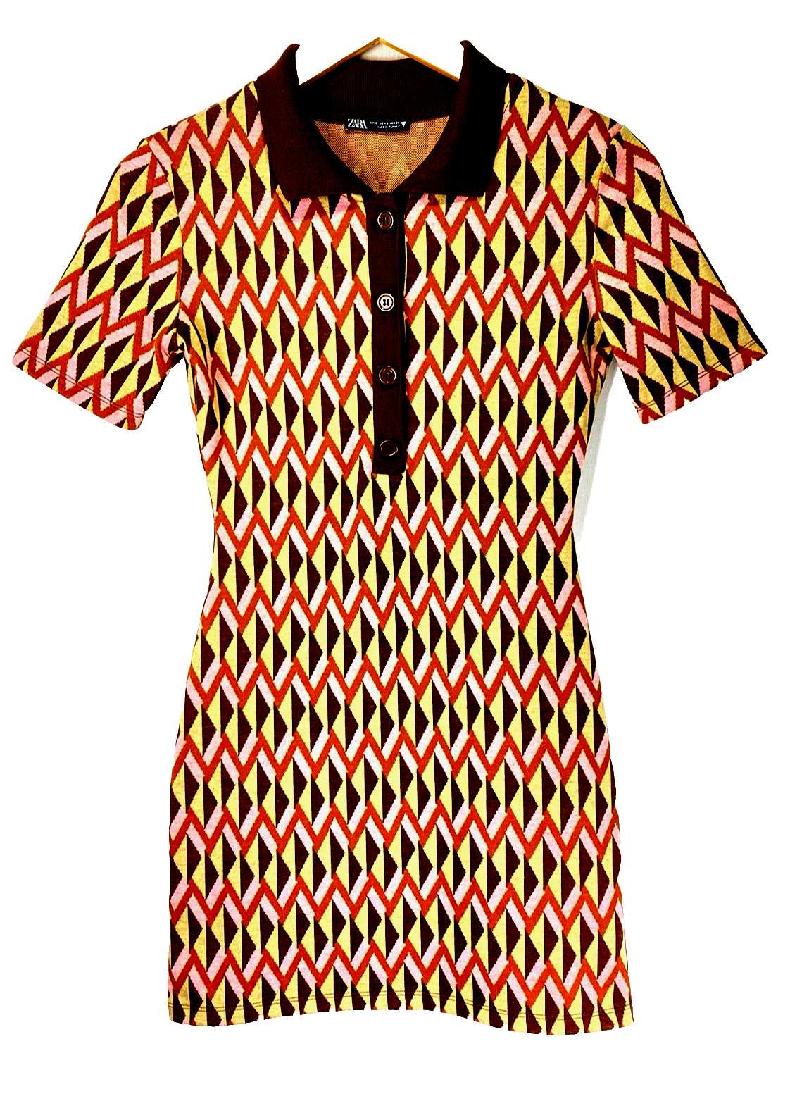 ZARA Women’s Dress Size S Brown Sheath Knit Geometric Preppy Academia Boho Chic