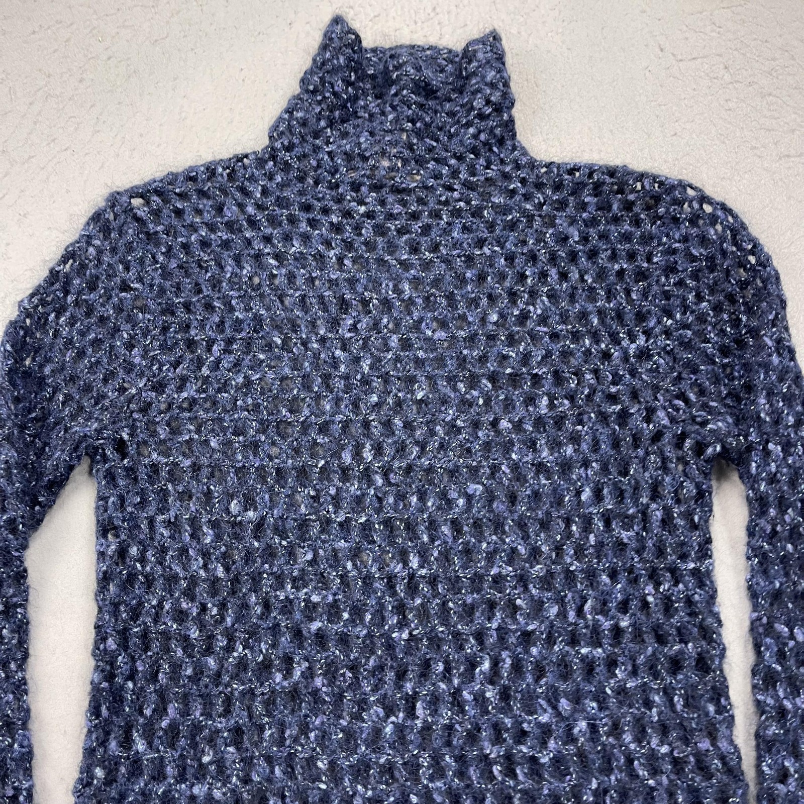 Free People Sweater Dress Womens Medium Blue Mohair Open Knit Sheer Turtleneck