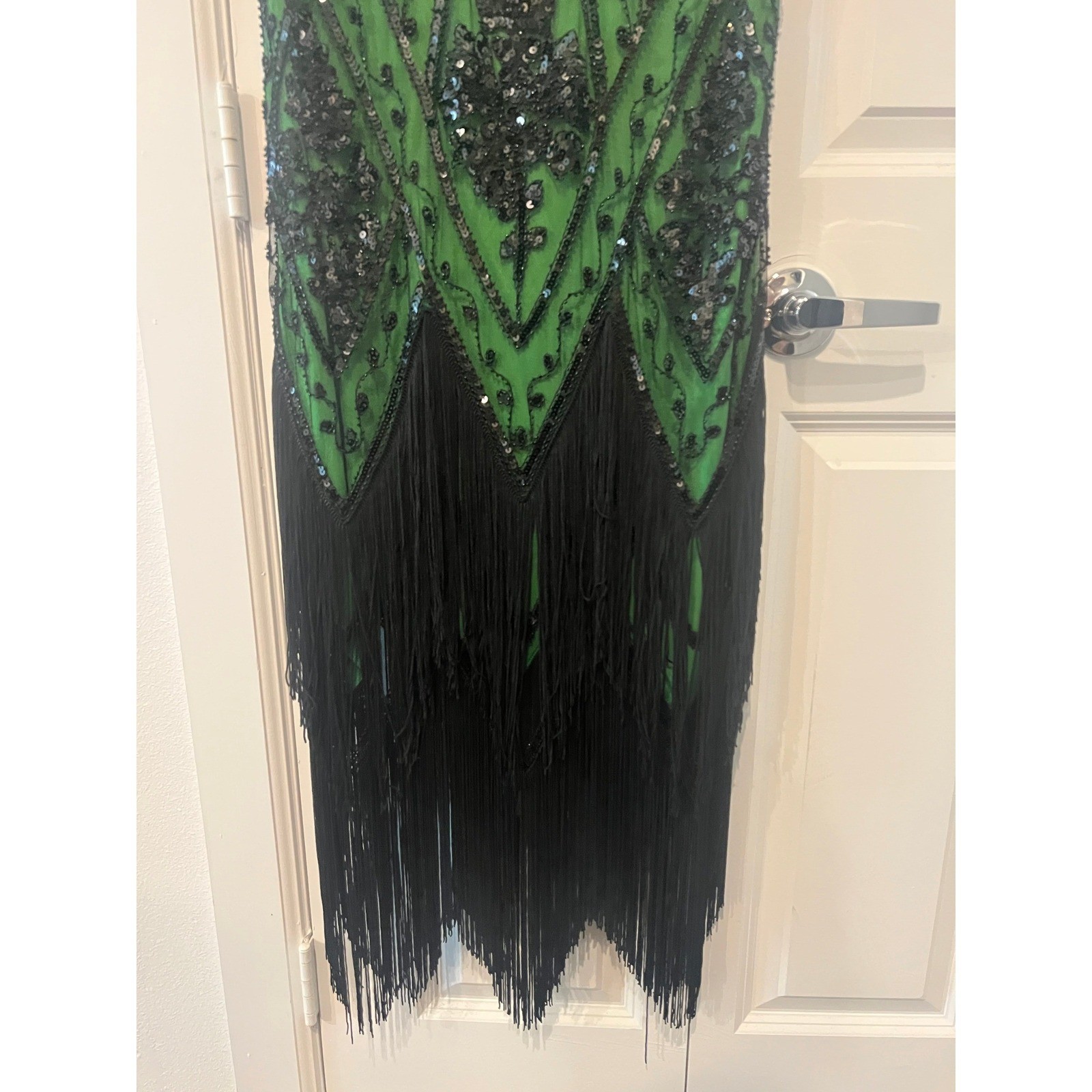 PrettyGuide Green Black Sequin Fringe Flapper Dress 1920s Gatsby Style L (1098)