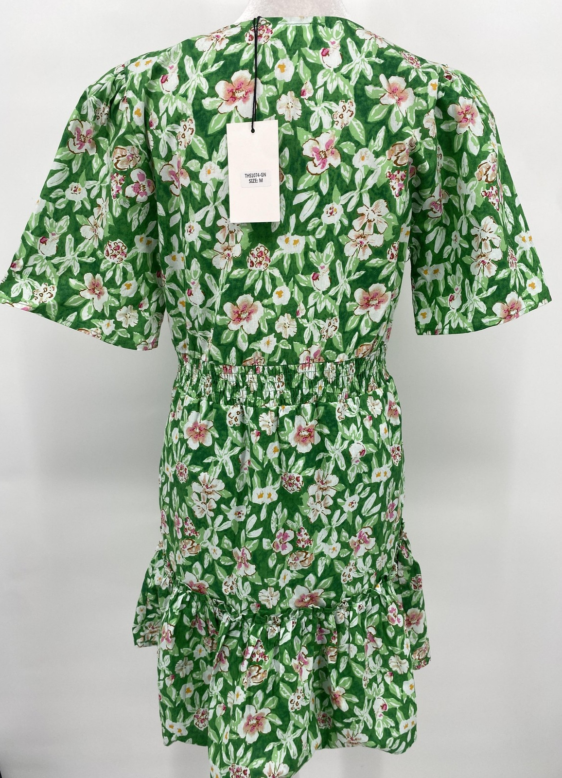 THML Dress Womens Medium Green Floral Puff Sleeve Ruffle Hem Coastal Cottage