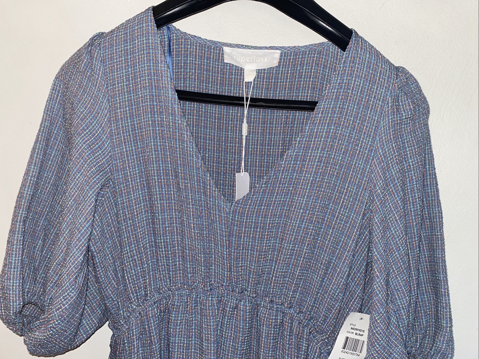 Superfoxx Dress Blue Multicolor Texture Fabric Deep VNeck Hi Low Ruffle Hem