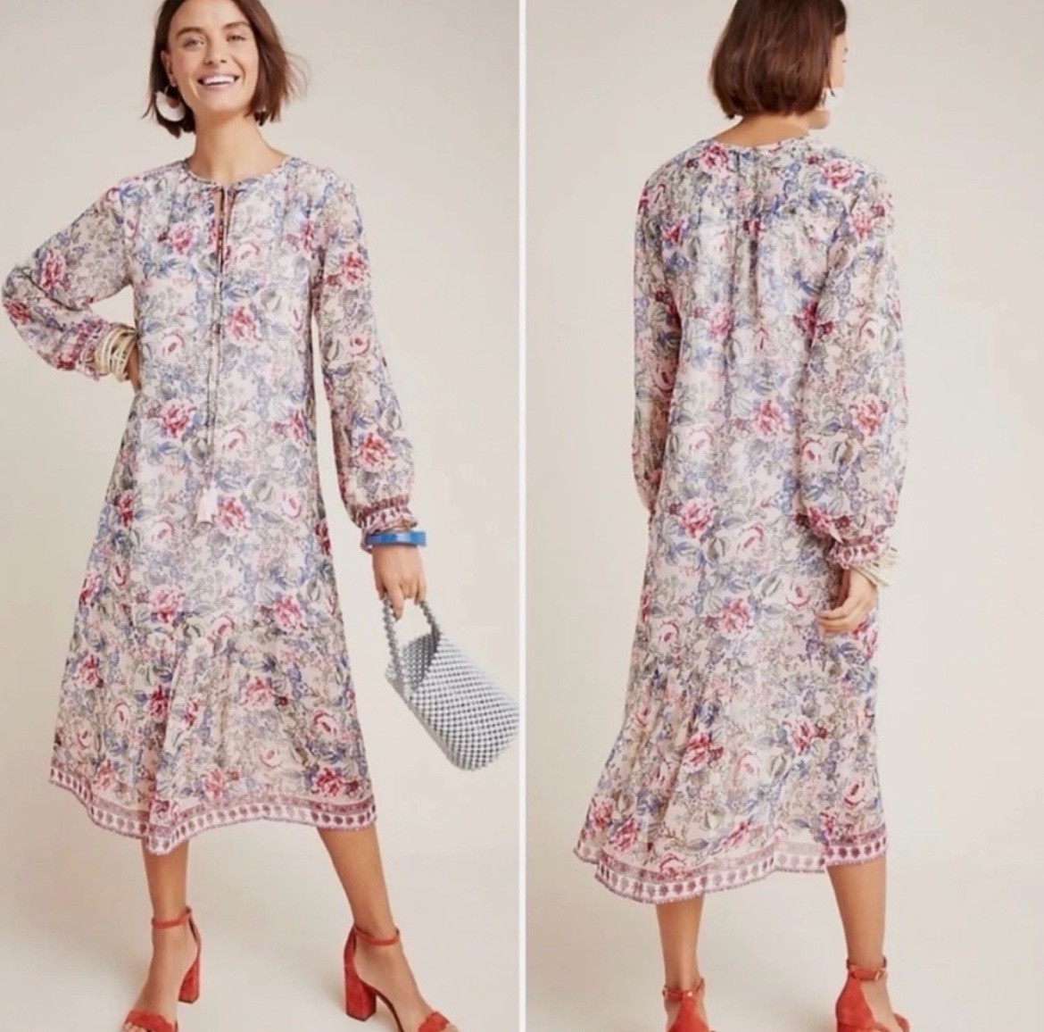 Anthropologie RAGA Victoria Floral Midi Dress Tassels Small H31
