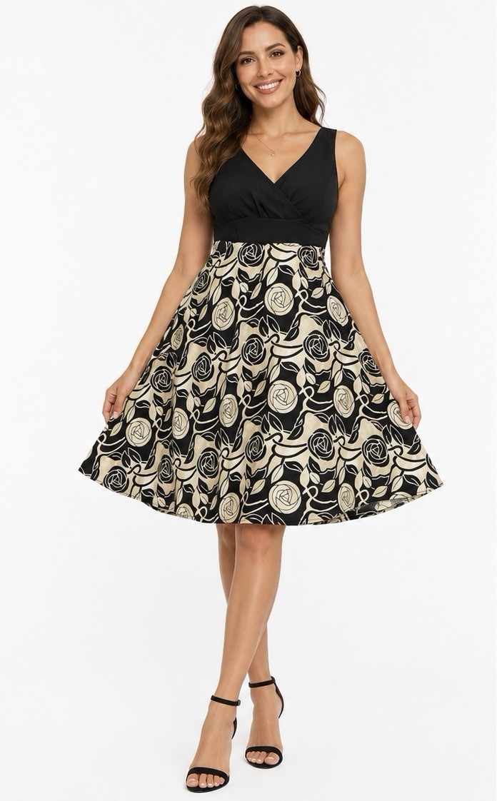 Women’s M Black & Ivory Floral Fit & Flare V-Neck Sleeveless Knee Dress