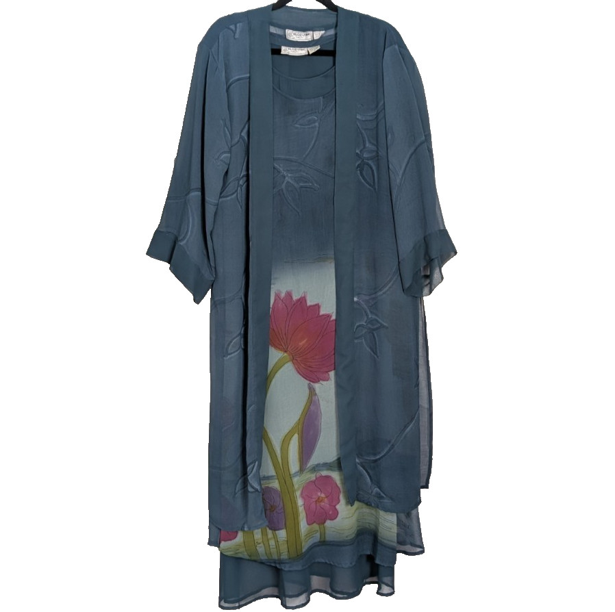 Klozlyne Blue Floral Dress & Kimono Set Women’s Medium Flowy Bohemian Artsy