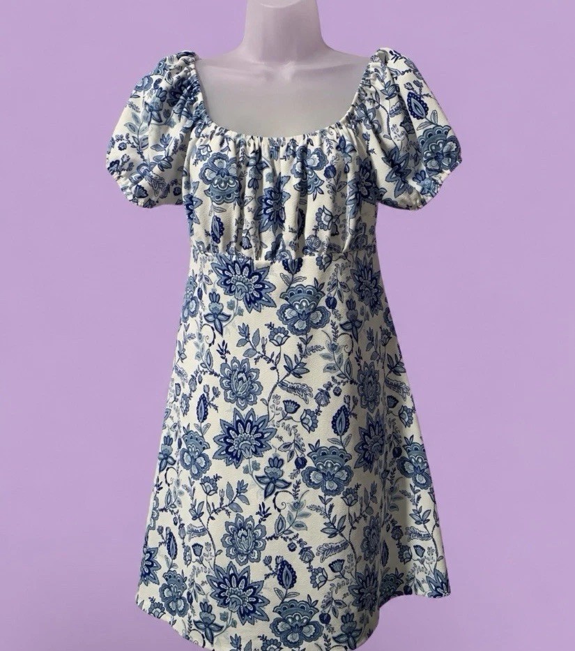 Ultra Flirt White Blue Floral Square Neck Puff Short Sleeve Mini Dress M