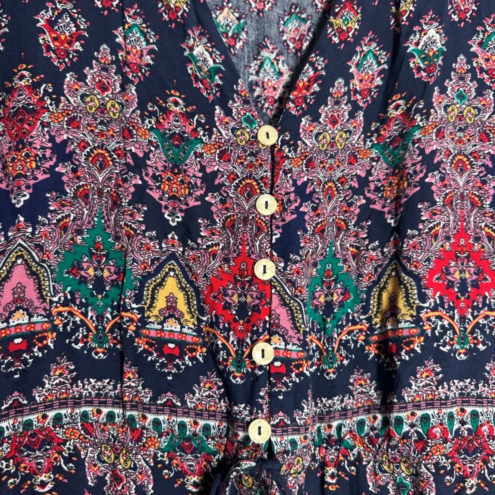 Bohemian Paisley Medallion Button Front Maxi Dress Navy Blue Red Women Large