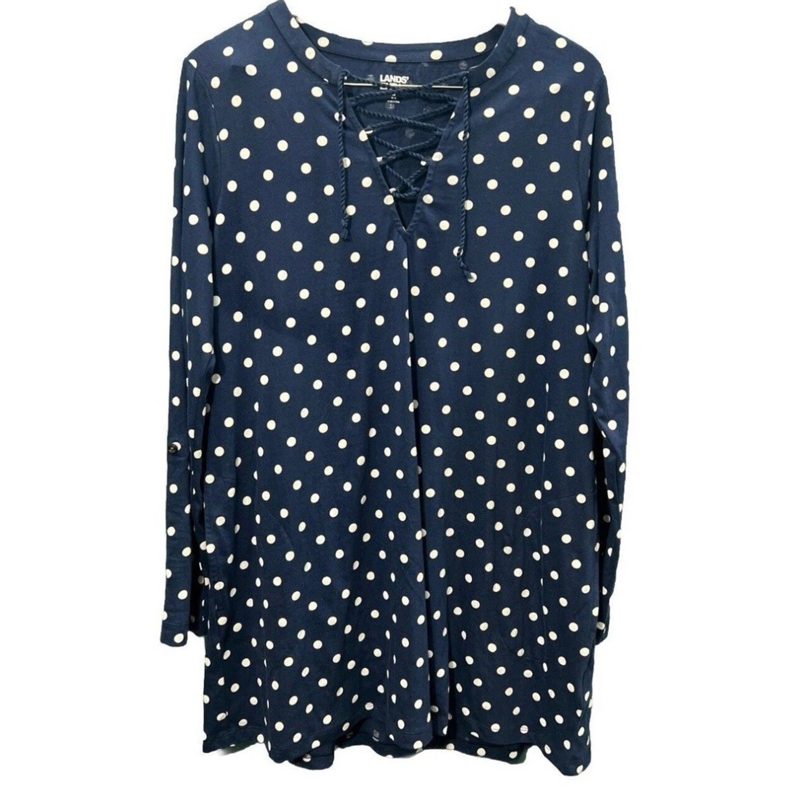 Lands’ End Women’s Dress Medium Lace Up Tunic Shirtdress Cover-Up Blue Fisherman
